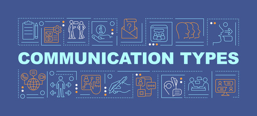 Ways to communicate with people word concepts dark blue banner. Sharing ideas. Infographics with icons on color background. Isolated typography. Vector illustration with text. Arial-Black font used