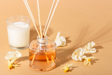 reed diffuser with flowers. Incense sticks for the home with a floral scent with hard shadows. The concept of eco-friendly fragrance for the home - obrazy, fototapety, plakaty