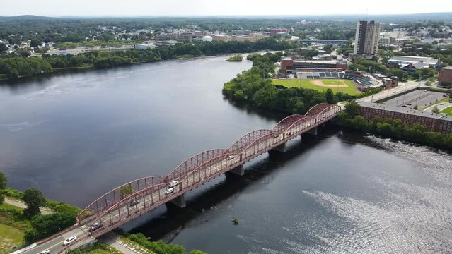 Lowell, Massachusetts, Aerial View, John E. Cox Memorial Bridge, Merrimack River