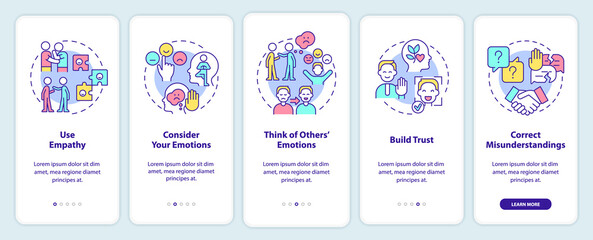 Developing emotional awareness onboarding mobile app screen. Use empathy walkthrough 5 steps graphic instructions pages with linear concepts. UI, UX, GUI template. Myriad Pro-Bold, Regular fonts used - obrazy, fototapety, plakaty