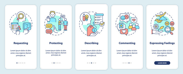 Communication functions onboarding mobile app screen. Request, protest walkthrough 5 steps graphic instructions pages with linear concepts. UI, UX, GUI template. Myriad Pro-Bold, Regular fonts used