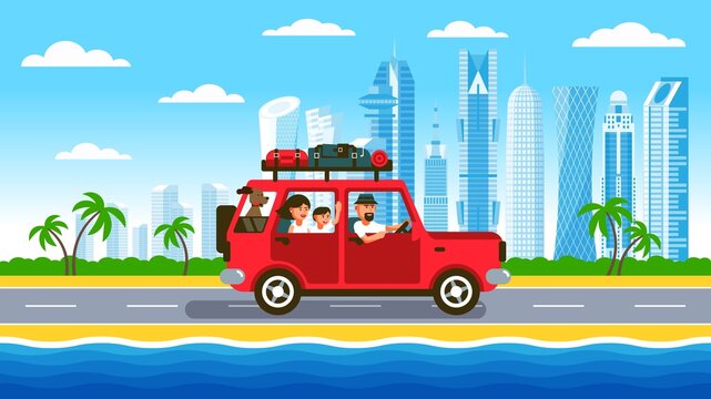 Family car drives on arabian city skyscrapers background. Cityscape of skyscrapers on the horizon. Vector illustration.