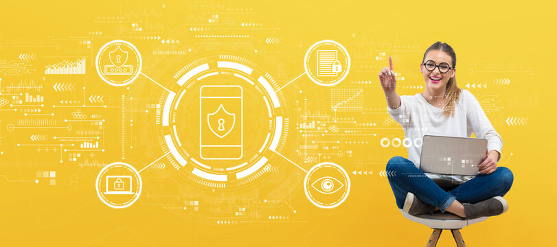 Data Privacy concept with young woman holding her laptop
