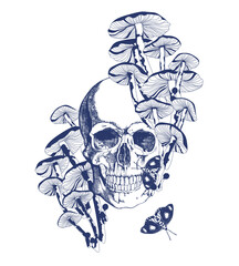Print skull mushrooms and butterflies in vintage style, blue on white