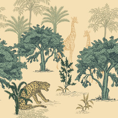 Tropical ink drawn palm trees,  leopard, giraffe, tree summer floral seamless pattern.Exotic jungle wallpaper. © good_mood