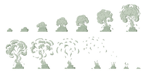 Cartoon smoke explosion sprite elements, dust clouds animation. Smoke silhouette sprite animation vector symbols illustration. Explosion dust clouds action collection