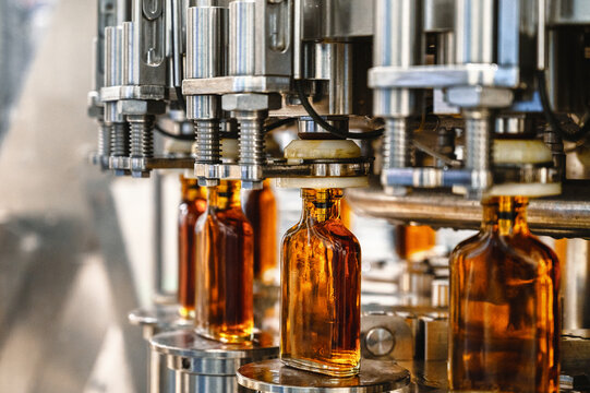 Conveyor carries glass bottles of luxury cognac in workshop