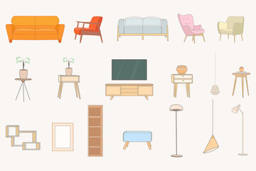 interior furniture illustration set, household furniture in the room.