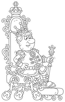 Angry king in a golden crown and solemn royal attire sitting on a throne at a palatial ceremony in a palace, black and white outline vector cartoon illustration for a coloring book page