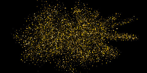 Golden glitter confetti on a black background. Illustration of a drop of shiny particles. Decorative element. Luxury background for your design, cards, invitations, gift, vip.