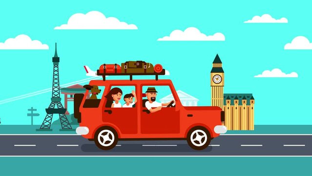 Family car travel around europe and world . Looped animation flat style.