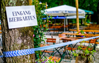 typical bavarian beergarden sign - translation: beergarden - obrazy, fototapety, plakaty