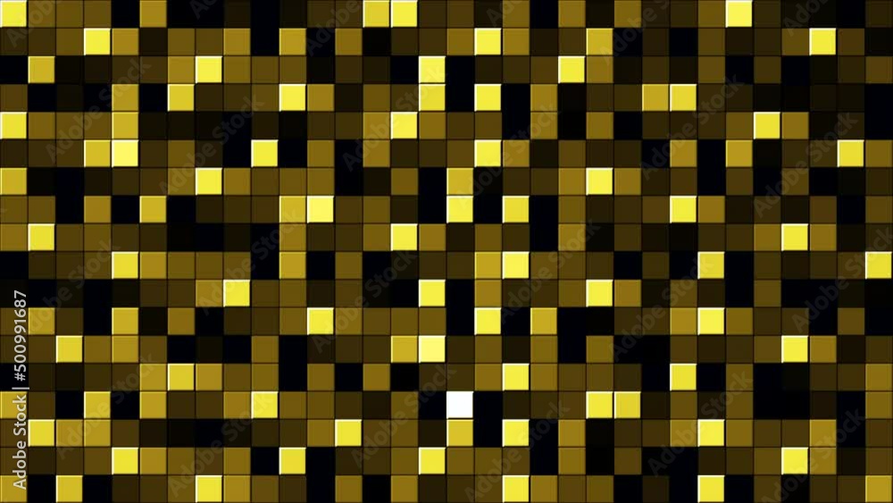 Poster texture of blinking pixels, seamless loop. motion. golden rows of small squares flowing and shining 