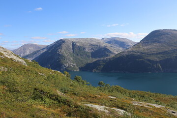 Fototapeta na wymiar Tosenfjord seen from the mountain Fagerlitinden in Northern Norway on a beautiful autumn day,Northern Norway,scandinavia,Europe