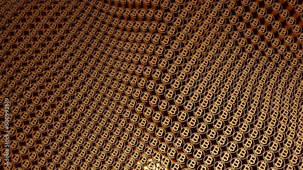 Poster moving grid of coins. design. golden circles move in waves. grid of many gold coins moving in waves
