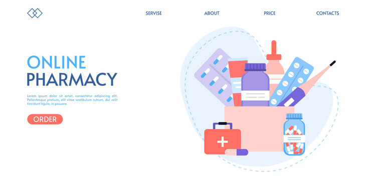 Online pharmacy landing page template. Online purchase and delivery of medicines. E-commerce concept. Medical drugs set in flat style. Ordering medicines online. Vector on white background.