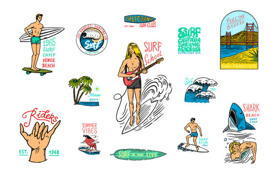 Surf badge. Retro Wave and palm. Summer California pins set. Man on the surfboard, beach and sea. Engraved emblem or logo hand drawn. Vintage Banner or poster. Sports in Hawaii.