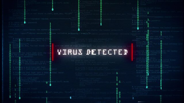 Virus detected warning alert over binary computer code, computer infected with a virus glitch and noise background effect