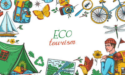 Eco tourism Poster or banner.. Eco friendly tourism. Tourist with backpack and tent. Wild nature. Bicycle, map, animals and plants. Hand drawn in vintage style. Vector illustration.