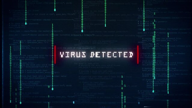 Virus detected warning alert over binary computer code, computer infected with a virus glitch and noise background effect