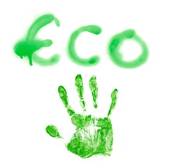 Green spray stain paint in shape eco symbol isolated on white 