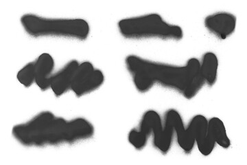Set various black spray stain paint graffiti lines, decorative splatters isolated on white background and texture