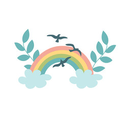 Vector baby rainbow illustration with birds. Hand drawn rainbow. Cute design for baby shower, kids clothes print, card.