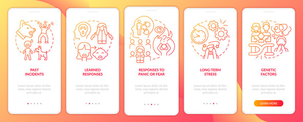 Phobia causes red gradient onboarding mobile app screen. Anxiety disorder walkthrough 5 steps graphic instructions pages with linear concepts. UI, UX, GUI template. Myriad Pro-Bold, Regular fonts used