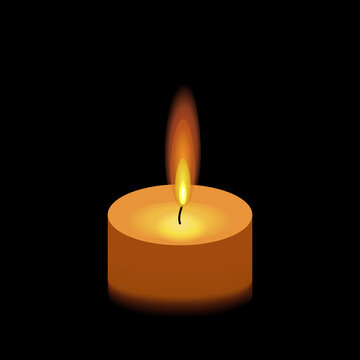 Vector illustration with mourning burning candle flame light on black background.