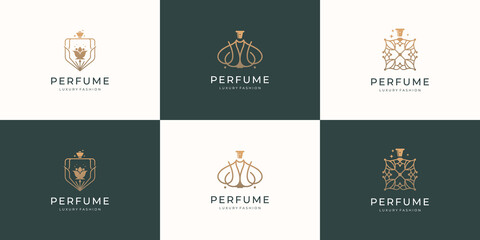 set perfume bottle logo design with golden color inspiration. logo for fashion, skincare, beauty. minimalist perfume logo aroma design icon template.