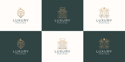 bottles perfume logo set design. inspiration with golden color, fashion, skincare, collection.