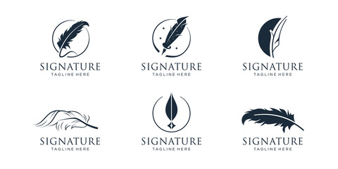 quill feather pen signature logo design inspiration. feather logo, classic quill, pen writer, minimalist logo. © ulhaq_std