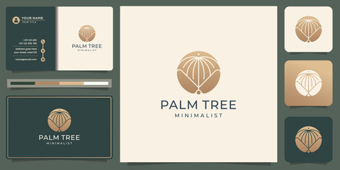 minimalist circle palm tree logo design inspirations with business card and golden color concept style.