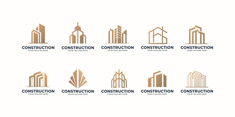 Set of abstract construction logo template design. real estate logo. mega collection investment with golden color for building, architecture, apartment.