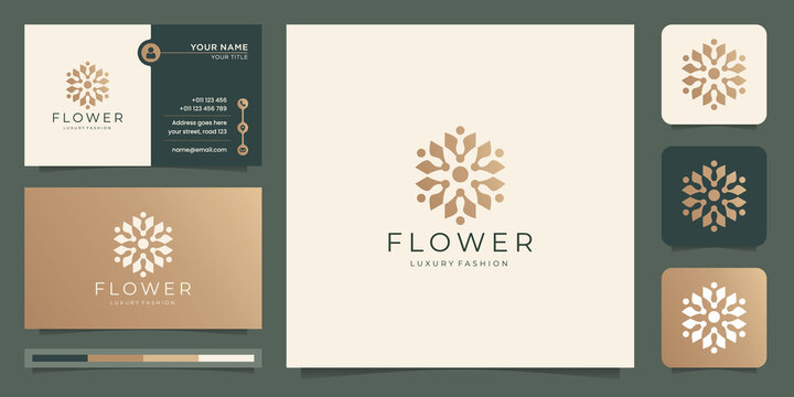 luxury flower logo design with gold color, luxury fashion, floral lotus logo, with business card.