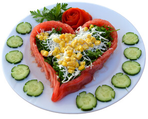 salad with tomato,corn,cheese,lettuce in it on white dish
