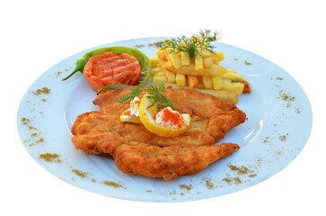 sihinitzel with french fries and baked tomato on white dish