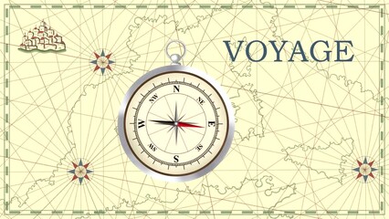 Animation with a map and a compass arrow rotating near the word "voyage" (seamless loop)