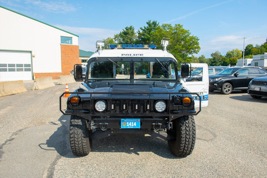 Wellesley antique Hummer H1 Police car in town of Wellesley, Massachusetts MA, USA. 