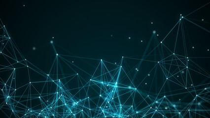 Network connection technology. Abstract blue background with points, lines and particles. Digital futuristic backdrop. Big data visualization. 3D rendering.