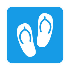 Logo flip flops. Icono plano calzado de playa con silueta de chanchas en cuadrado color azul