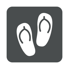 Logo flip flops. Icono plano calzado de playa con silueta de chanchas en cuadrado color gris