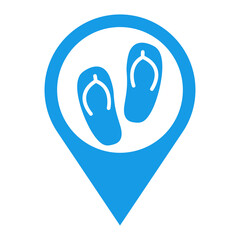 Logo flip flops. Icono plano calzado de playa con silueta de chanchas en puntero de posición color azul