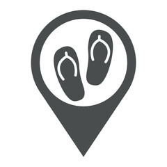 Logo flip flops. Icono plano calzado de playa con silueta de chanchas en puntero de posición color gris