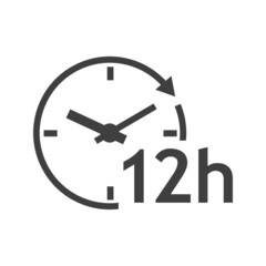 Logo con texto 12 h con silueta de esfera de reloj simple con líneas con forma de flecha en círculo en color gris