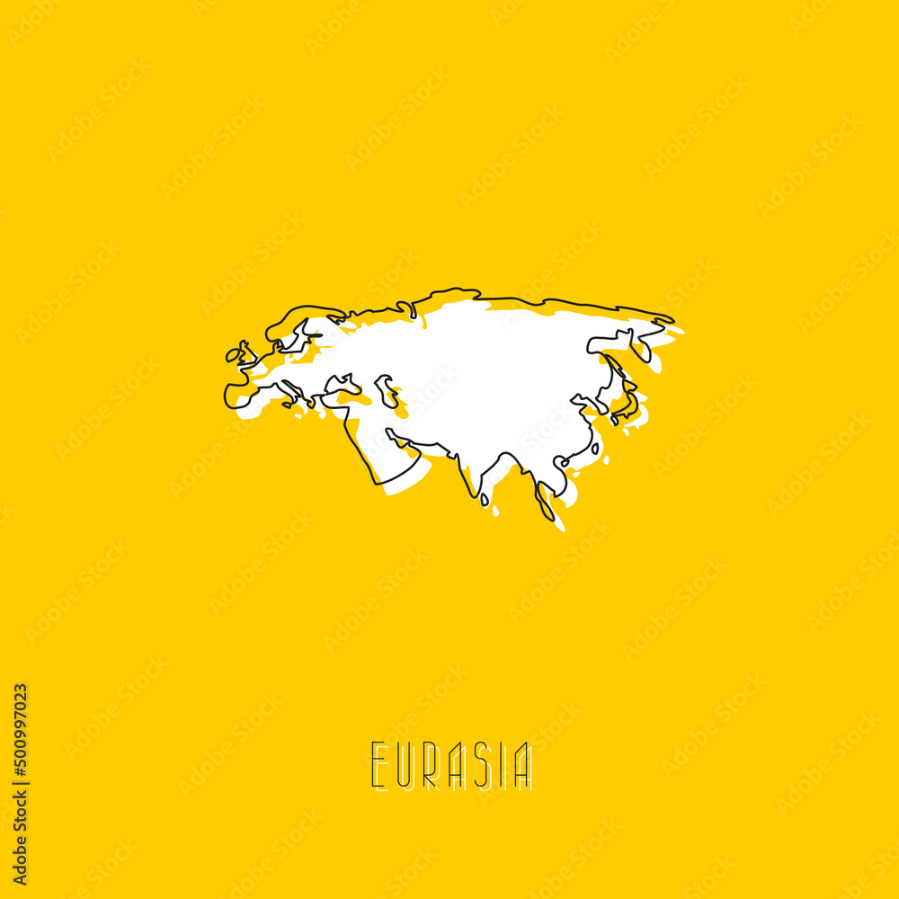 Poster white eurasia continent map with black outline on yellow background. simple geographic territory tem