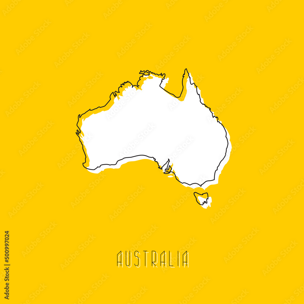 Poster white australia continent map with black outline on yellow background. simple geographic territory t