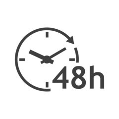 Logo con texto 48 h con silueta de esfera de reloj simple con líneas con forma de flecha en círculo en color gris