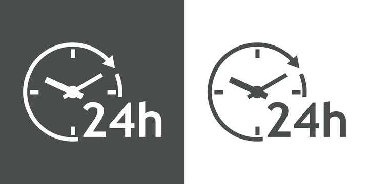 Logo con texto 24 h con silueta de esfera de reloj simple con l&iacute;neas con forma de flecha en c&iacute;rculo en fondo gris y fondo blanco