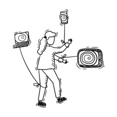 Vector illustration of one girl connected to the technologies in doodle style.